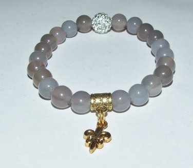 Women's 10 MM Gray Agate Gold Fleur de Lis Stretch Bracelet 7.10" #233