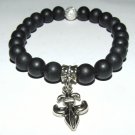 Women's 8 MM Matte Black Onyx Silver Fleur de Lis Stretch Bracelet 7.25"  #234