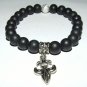 Women's 8 MM Matte Black Onyx Silver Fleur de Lis Stretch Bracelet 7.25" #234