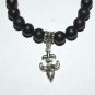 Women's 8 MM Matte Black Onyx Silver Fleur de Lis Stretch Bracelet 7.25" #234