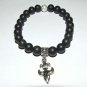 Women's 8 MM Matte Black Onyx Silver Fleur de Lis Stretch Bracelet 7.25" #234