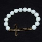 Women's 10 MM Faceted White Jade Sideways Cross  Stretch Bracelet 7.50" #235