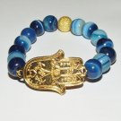 Women's 10 MM Blue Stripe Agate Golden Hamsa Stretch Bracelet 7.20" #239