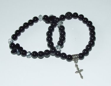Women's 8 MM Black Onyx Set/Pair Swarovski Crystal Butterfly  Cross Stretch Bracelets 7.25" #249