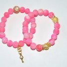 Women's 10 MM Pink Frost Agate Pair/Set  "Stardust" Sphere Golden Key Stretch Bracelets 7.10" #252