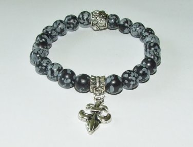 Women;s 8 MM Snowflake Obsidian Fleur de Lis Stretch Bracelet 7.00" #253