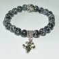 Women;s 8 MM Snowflake Obsidian Fleur de Lis Stretch Bracelet 7.00" #253