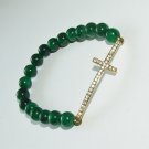 Women's 8 MM Emerald Green Jade Golden Sideways Cross Stretch Bracelet 7.25"  #257