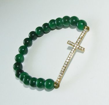 Women's 8 MM Emerald Green Jade Golden Sideways Cross Stretch Bracelet 7.25"  #257