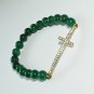 Women's 8 MM Emerald Green Jade Golden Sideways Cross Stretch Bracelet 7.25"  #257