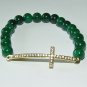 Women's 8 MM Emerald Green Jade Golden Sideways Cross Stretch Bracelet 7.25"  #257