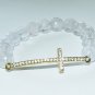 Women's 10 MM Faceted Rock Crystal Quartz Sideways Cross Bracelet 7.25"  #259