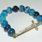 Women's 8 MM Blue Striped Agate Sideways Cross Stretch Bracelet 7.10" #262