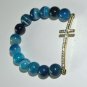 Women's 8 MM Blue Striped Agate Sideways Cross Stretch Bracelet 7.10" #262