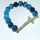 Women's 8 MM Blue Striped Agate Sideways Cross Stretch Bracelet 7.10" #262