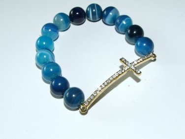 Women's 8 MM Blue Striped Agate Sideways Cross Stretch Bracelet 7.10" #262