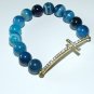 Women's 8 MM Blue Striped Agate Sideways Cross Stretch Bracelet 7.10" #262