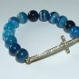 Women's 8 MM Blue Striped Agate Sideways Cross Stretch Bracelet 7.10" #262