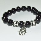 Women's 10 MM Black Onyx Hamsa Star of David Swarovski Crystal Stretch Bracelet 7.00"  #266