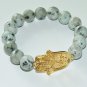 Men's 12 MM Faceted Kiwi Jasper Gold Plated Hamsa Stretch Bracelet 8.0" #272