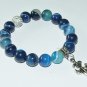 Women's 10 MM Blue Stripe Agate Silver Fleur de Lis Stretch Bracelet 7.0" #273