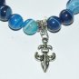 Women's 10 MM Blue Stripe Agate Silver Fleur de Lis Stretch Bracelet 7.0" #273