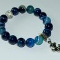 Women's 10 MM Blue Stripe Agate Silver Fleur de Lis Stretch Bracelet 7.0" #273
