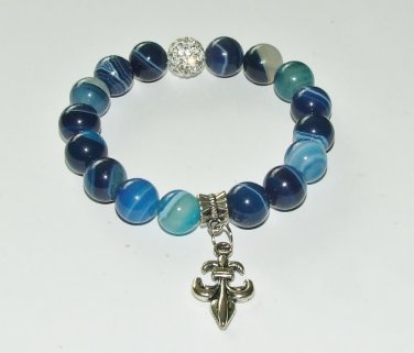 Women's 10 MM Blue Stripe Agate Silver Fleur de Lis Stretch Bracelet 7.0" #273