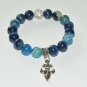 Women's 10 MM Blue Stripe Agate Silver Fleur de Lis Stretch Bracelet 7.0" #273