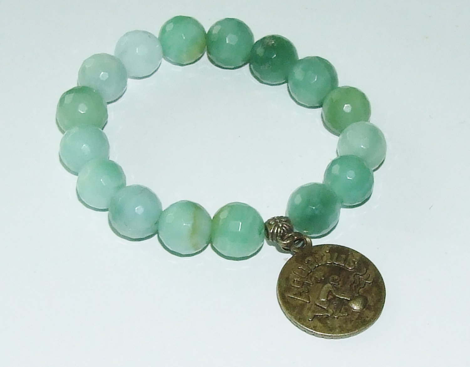 Women's 12 MM Faceted Pale Green New Jade Zodiac Bracelet With Bronze