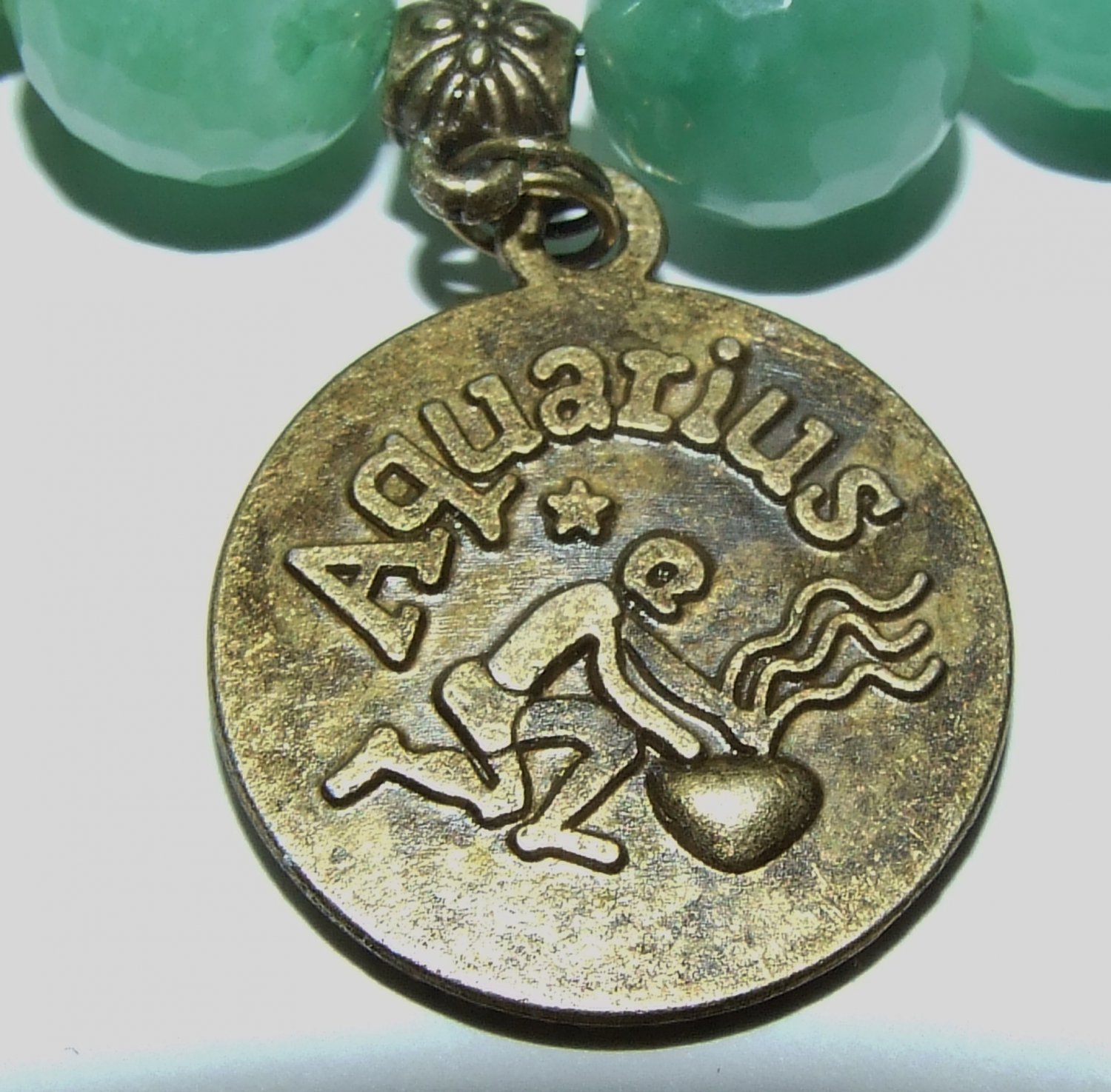 Women's 12 MM Faceted Pale Green New Jade Zodiac Bracelet With Bronze