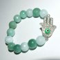 Women's 12 MM Faceted Pale Green New Jade Hamsa Charm Bracelet  7.25" #276