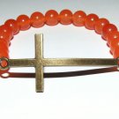 Women's 8 MM Orange Jade Bronze Sideways Cross Stretch Bracelet 7.50"  #281