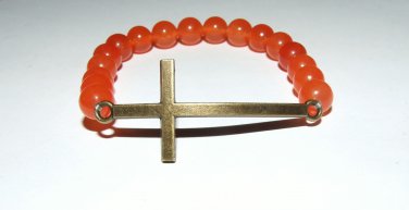 Women's 8 MM Orange Jade Bronze Sideways Cross Stretch Bracelet 7.50"  #281