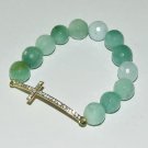 Women's 12 MM Faceted Pale Green New Jade Sideways Cross Stretch  Bracelet 7.50" #275