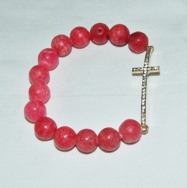 Women's 12 MM Pink Agate Sideways Cross Stretch Bracelet 7.75" #288