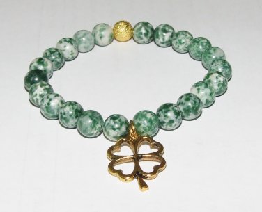 Women's 8 MM Tree Agate 4 Leaf Clover Stretch Bracelet 7.50" #289