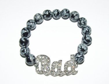 Women's 10MM Snowflake Obsidian "BAD" Crystal Stretch Bracelet 7.50" #290