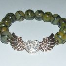 Women's 10MM Green Dragon Veins Agate Rose Gold Winged Heart Stretch Bracelet 7.50" #289