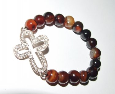 Women's 10 MM Fire Agate Gold Cross Stretch Bracelet 7.50" #291