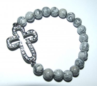 Women's 8 MM Gray Crazy Lace Agate Crystal Cross Stretch Bracelet 7.50" #293