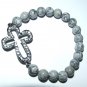 Women's 8 MM Gray Crazy Lace Agate Crystal Cross Stretch Bracelet 7.50" #293