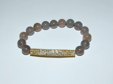 Women's 10 MM Gray Agate Gold Crystal Bar Stretch Bracelet 7.50" #294