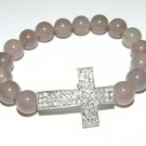 Women's 10 MM Gray Agate Sideways Cross Stretch Bracelet 7.50" #295