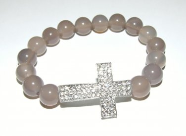 Women's 10 MM Gray Agate Sideways Cross Stretch Bracelet 7.50" #295