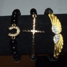 Arm Candy Set of Three 8 MM Black Onyx Gold Charm Stretch Bracelets 7.50"