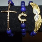 Arm Candy Set of Three 8 MM Sapphire Blue Gold Charm Stretch Bracelets 7.50"