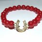 Arm Candy Set of Three 8 MM Ruby Red Jade Gold Charm Stretch Bracelets 7.50"