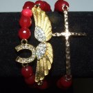 Arm Candy Set of Three 8 MM Ruby Red Jade Gold Charm Stretch Bracelets 7.50"