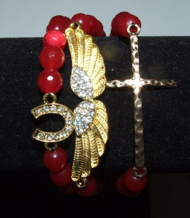 Arm Candy Set of Three 8 MM Ruby Red Jade Gold Charm Stretch Bracelets 7.50"